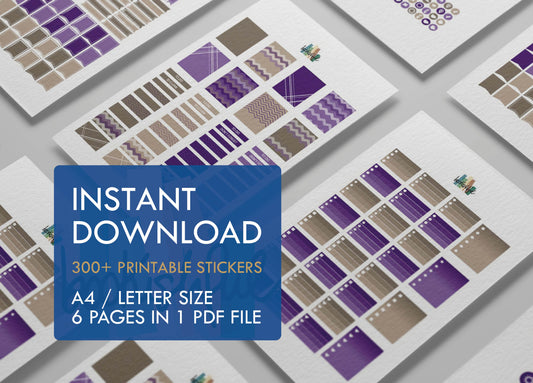 Printable Planner Sticker Kit – 300+ Beige and Purple Stickers for Journaling, Planners & Scrapbooking – 6 Pages PDF Instant Download