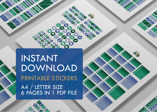 Printable Planner Sticker Kit – 300+ Green and Blue Stickers for Journaling, Planners & Scrapbooking – 6 Pages PDF Instant Download