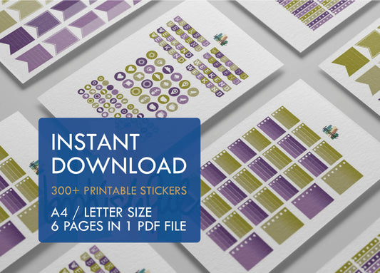 Printable Planner Sticker Kit – 300+ Green and Purple Stickers for Journaling, Planners & Scrapbooking – 6 Pages PDF Instant Download