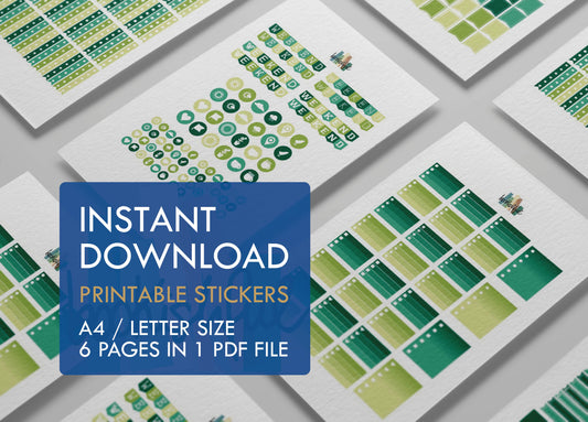 Printable Planner Sticker Kit – 300+ Shades of Green Stickers for Journaling, Planners & Scrapbooking – 6 Pages PDF Instant Download