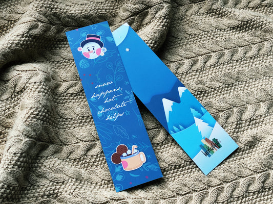 Cute Winter Bookmark – “Snows Happens, Hot Chocolate Helps” – Cozy Aesthetic Stationery Gift – Bookish Winter Quote Bookmark
