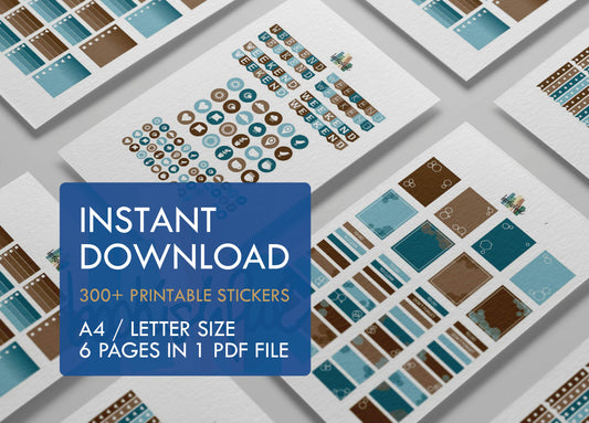 Printable Planner Sticker Kit – 300+ Teal and Brown Stickers for Journaling, Planners & Scrapbooking – 6 Pages PDF Instant Download