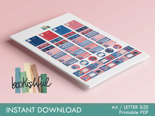 The Reader Sticker Sheet – Red and Blue – Printable Bookish Stickers for Journals & Planners – TBR, Ratings and More! – Instant Download PDF