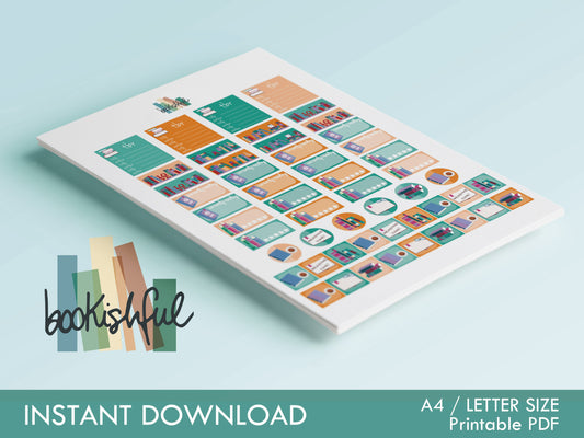 The Reader Sticker Sheet – Orange and Teal – Printable Bookish Stickers for Journals & Planners – TBR, Ratings and More Instant Download PDF