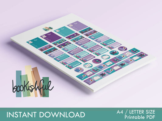 The Reader Sticker Sheet – Purple and Teal – Printable Bookish Stickers for Journals & Planners – TBR, Ratings and More! – Instant Download PDF