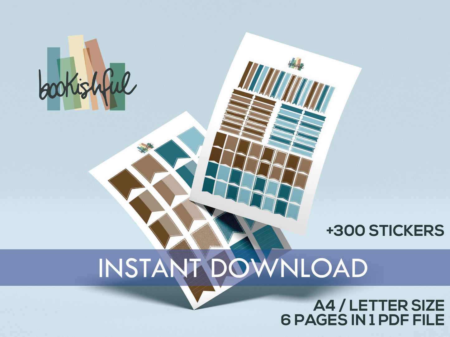 Printable Planner Sticker Kit – 300+ Teal and Brown Stickers for Journaling, Planners & Scrapbooking – 6 Pages PDF Instant Download