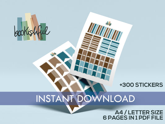 Printable Planner Sticker Kit – 300+ Teal and Brown Stickers for Journaling, Planners & Scrapbooking – 6 Pages PDF Instant Download