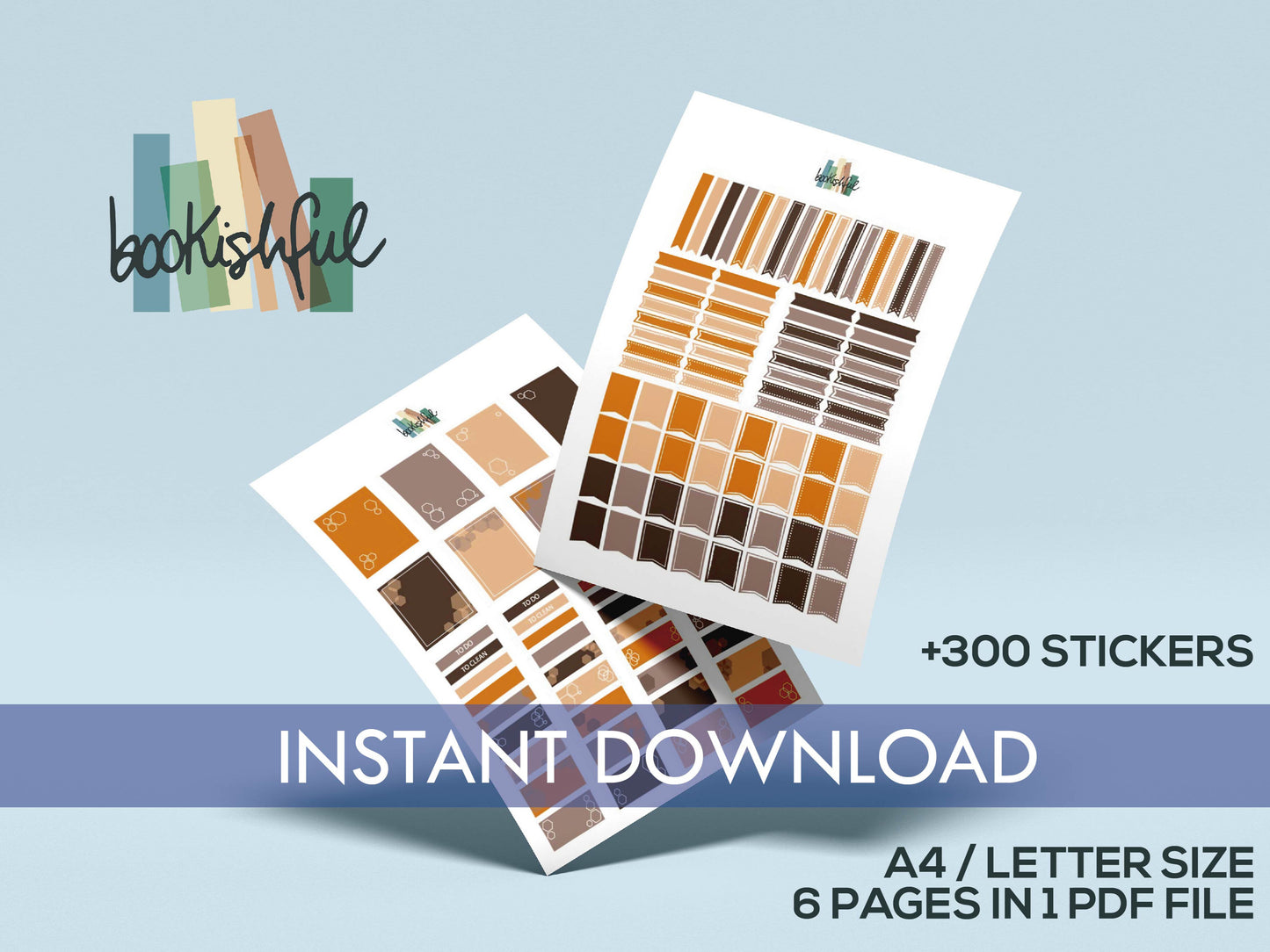 Printable Planner Sticker Kit – 300+ Orange and Brown Stickers for Journaling, Planners & Scrapbooking – 6 Pages PDF Instant Download