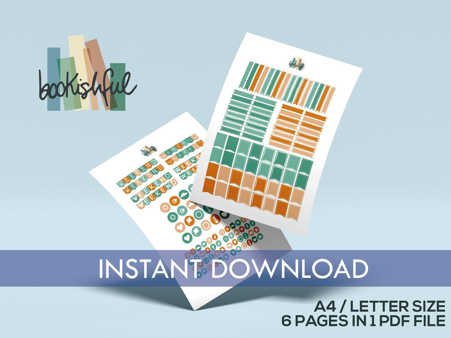 Printable Planner Sticker Kit – 300+ Orange and Teal Stickers for Journaling, Planners & Scrapbooking – 6 Pages PDF Instant Download