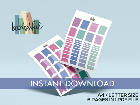 Printable Planner Sticker Kit – 300+ Pastel Colors Stickers for Journaling, Planners & Scrapbooking – 6 Pages PDF Instant Download