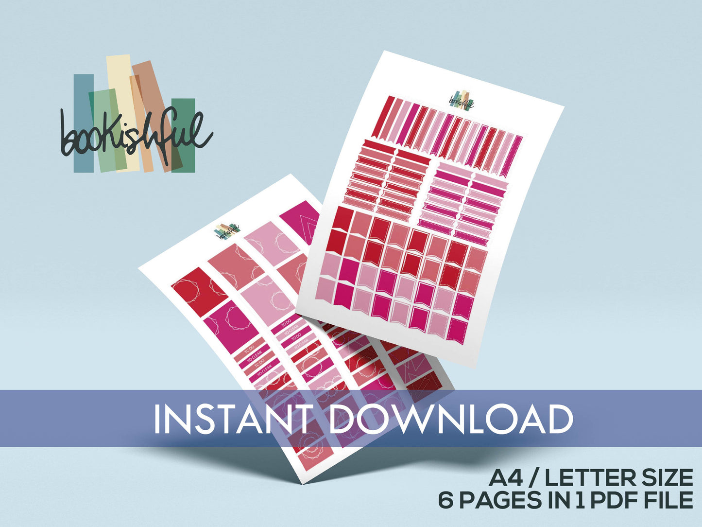 Printable Planner Sticker Kit – 300+ Red and Pink Stickers for Journaling, Planners & Scrapbooking – 6 Pages PDF Instant Download