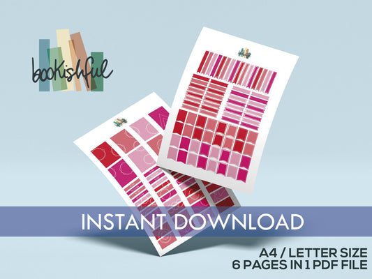 Printable Planner Sticker Kit – 300+ Red and Pink Stickers for Journaling, Planners & Scrapbooking – 6 Pages PDF Instant Download