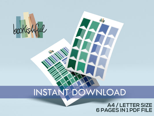 Printable Planner Sticker Kit – 300+ Green and Blue Stickers for Journaling, Planners & Scrapbooking – 6 Pages PDF Instant Download