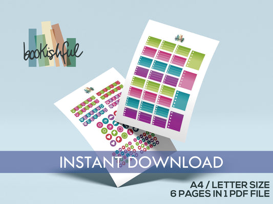 Printable Planner Sticker Kit – 300+ Bright Colors Stickers for Journaling, Planners & Scrapbooking – 6 Pages PDF Instant Download