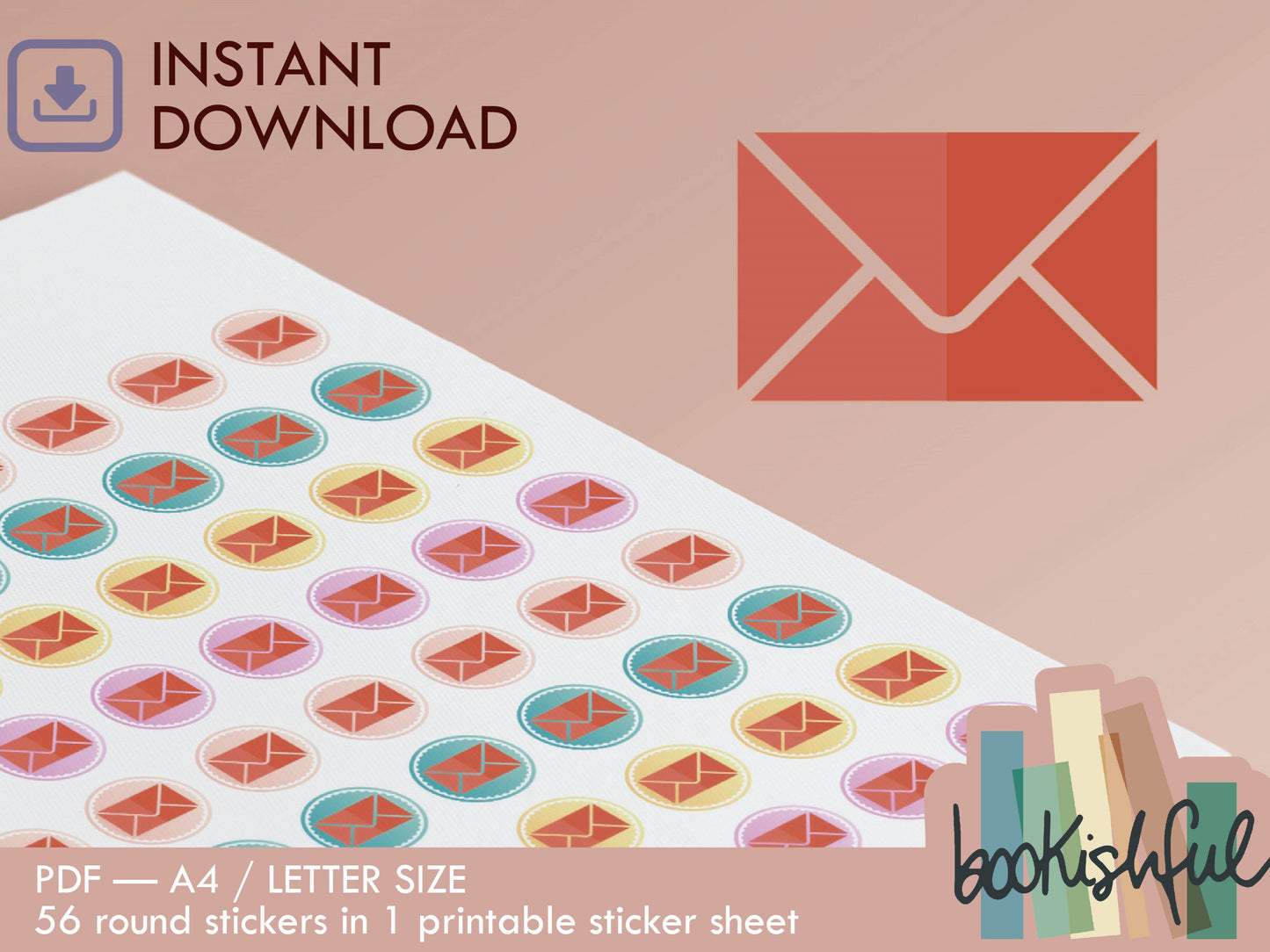 Printable Icon Stickers – Mail / Envelope / Letter / Finances – Pastel Round Planner Stickers PDF – 56 Dots per Sheet – Instant Download PDF