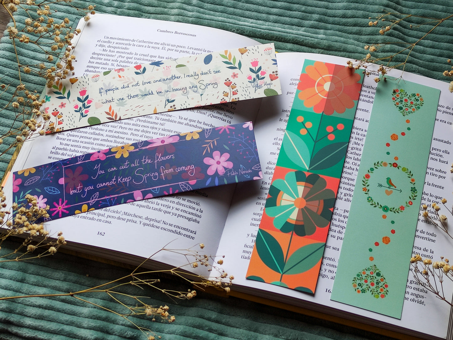 Spring Bookmark Set of 4 – Floral, Birds & Literary Quotes – High Quality – Bundle Discount – Cute Book Accessories Gift for Readers