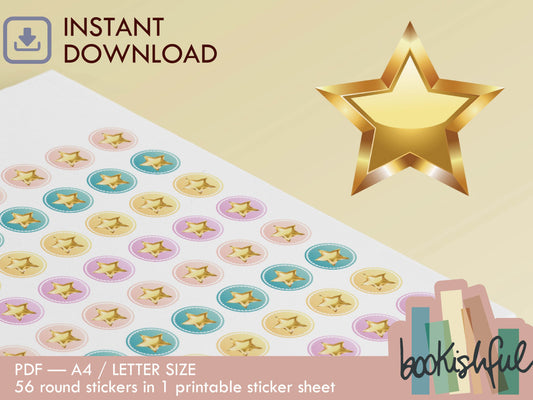 Printable Icon Stickers – Golden Star – Pastel Round Planner Stickers PDF – 56 Dots per Sheet – Instant Download PDF