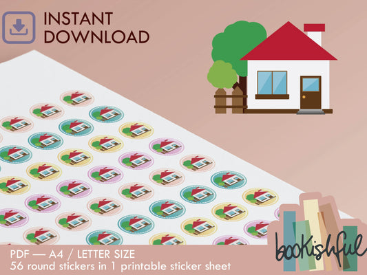 Printable Icon Stickers – House / Home – Pastel Round Planner Stickers PDF – 56 Dots per Sheet – Instant Download PDF