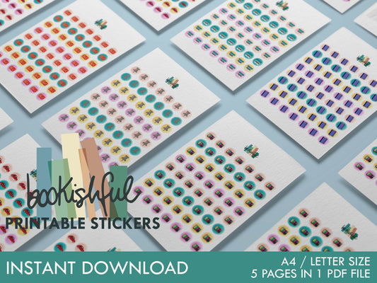 Printable Icon Sticker Bundle – Productivity Pack – Pastel Round Stickers PDF – 5 Pages – Planner & Journal Dots – Instant Download PDF
