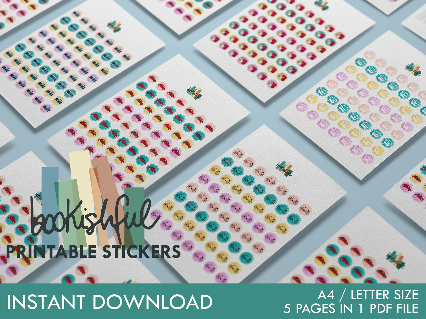 Printable Icon Sticker Bundle – 'Wander and Wonder' – Pastel Round Stickers PDF – 5 Pages – Planner & Journal Dots – Instant Download PDF