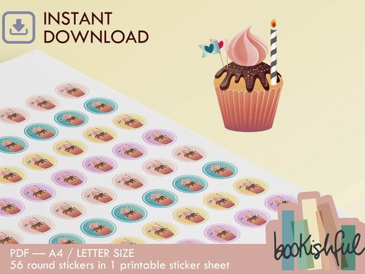 Printable Icon Stickers – Cupcake / Party / Celebration – Pastel Round Planner Stickers PDF – 56 Dots per Sheet – Instant Download PDF
