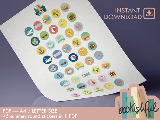 Summer Vacation Printable Stickers – 45 Round Travel & Beach Icons PDF | Journal and Planner Stickers – PDF Instant Download