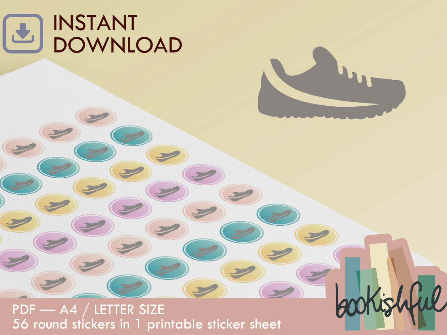Printable Icon Stickers – Sneaker / Sports / Exercise – Pastel Round Planner Stickers PDF – 56 Dots per Sheet – Instant Download PDF