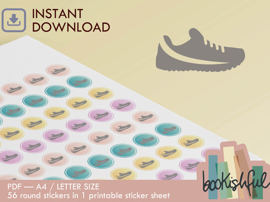 Printable Icon Stickers – Sneaker / Sports / Exercise – Pastel Round Planner Stickers PDF – 56 Dots per Sheet – Instant Download PDF