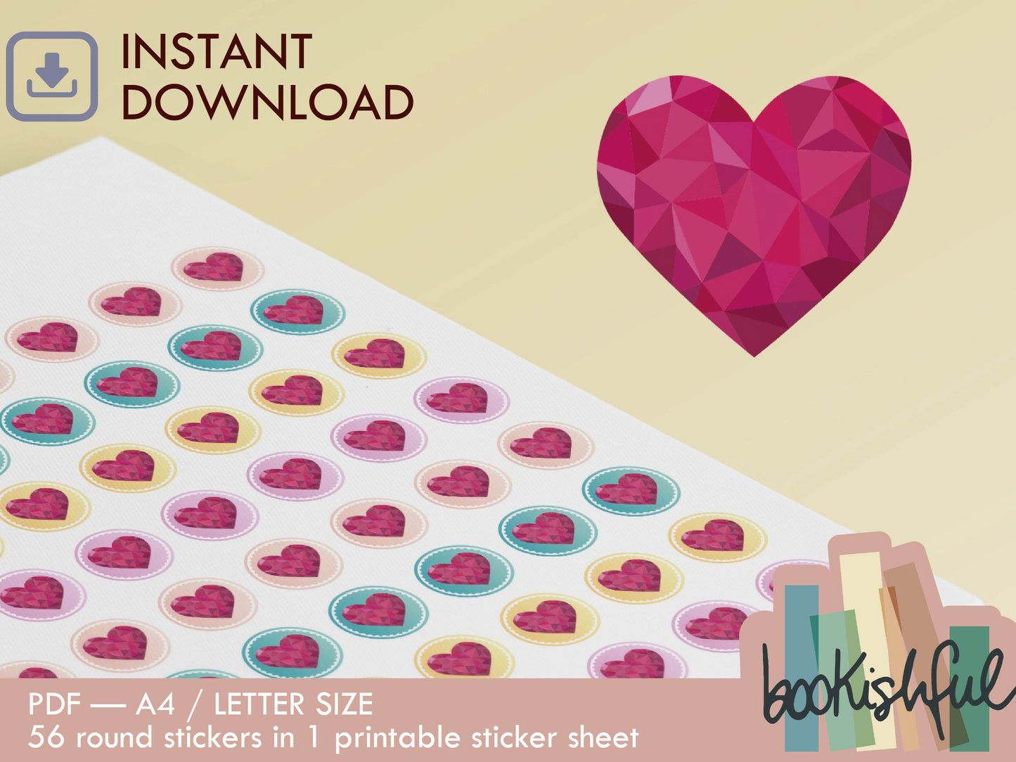 Printable Icon Stickers – Heart / Love – Pastel Round Planner Stickers PDF – 56 Dots per Sheet – Instant Download PDF