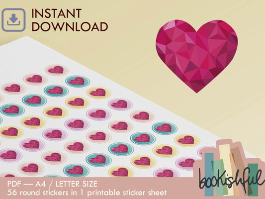 Printable Icon Stickers – Heart / Love – Pastel Round Planner Stickers PDF – 56 Dots per Sheet – Instant Download PDF