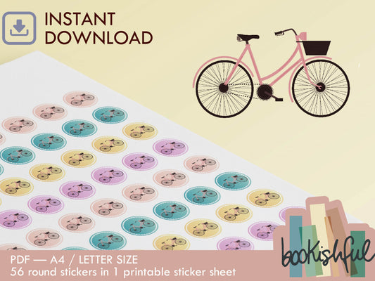 Printable Icon Stickers – BIKE – Pastel Round Planner Stickers PDF – 56 Dots per Sheet – Instant Download PDF