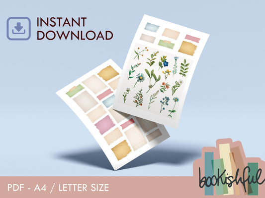 Vintage Paper Tear Stickers & Florals – Printable Journal Ephemera | 2 Page Aesthetic Kit PDF