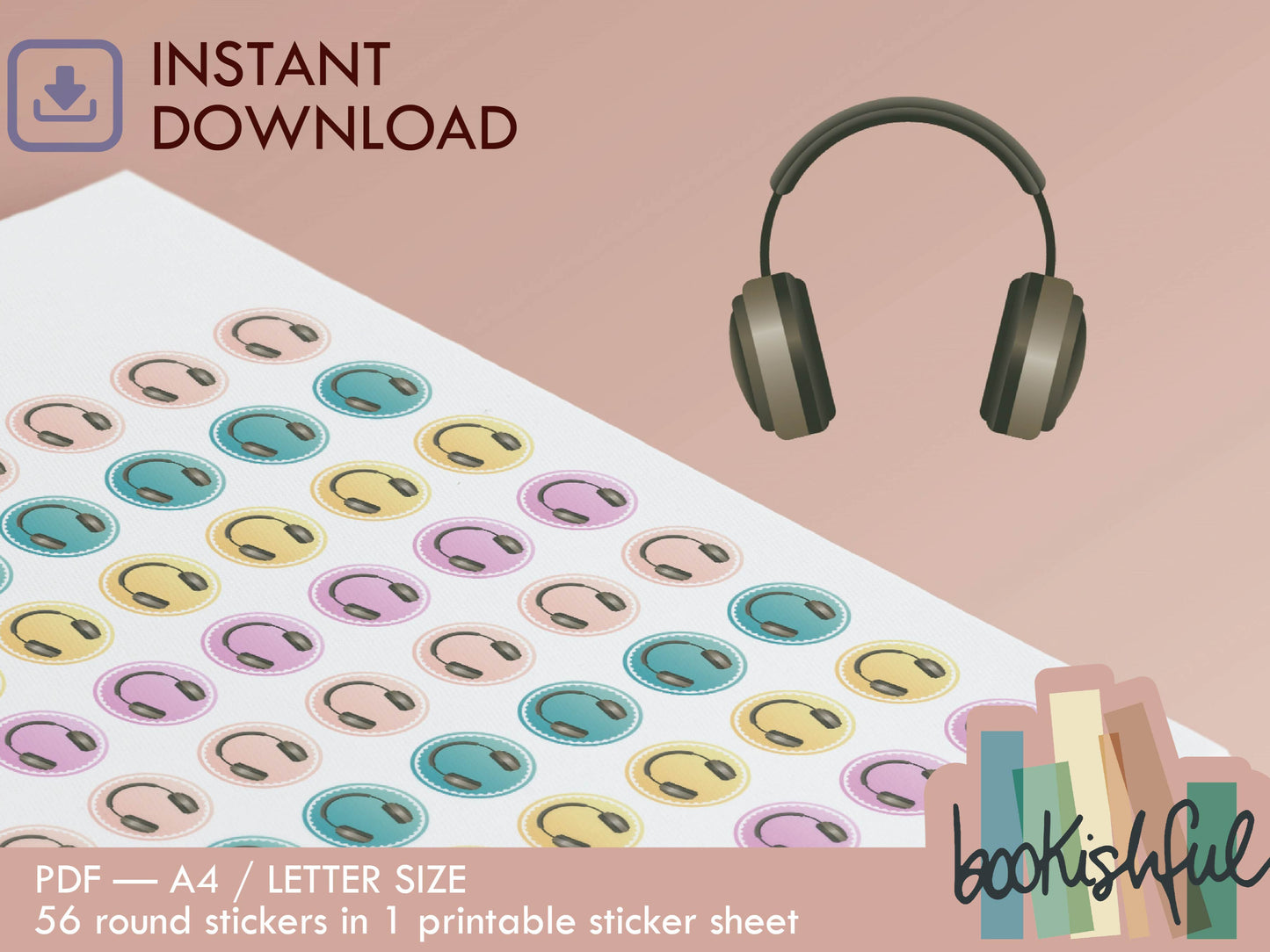 Printable Icon Stickers – Headphones / Music / Meditation – Pastel Round Planner Stickers PDF – 56 Dots per Sheet – Instant Download PDF