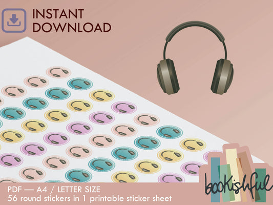 Printable Icon Stickers – Headphones / Music / Meditation – Pastel Round Planner Stickers PDF – 56 Dots per Sheet – Instant Download PDF
