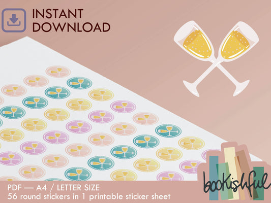 Printable Icon Stickers – Champagne Glasses / Party – Pastel Round Planner Stickers PDF – 56 Dots per Sheet – Instant Download PDF