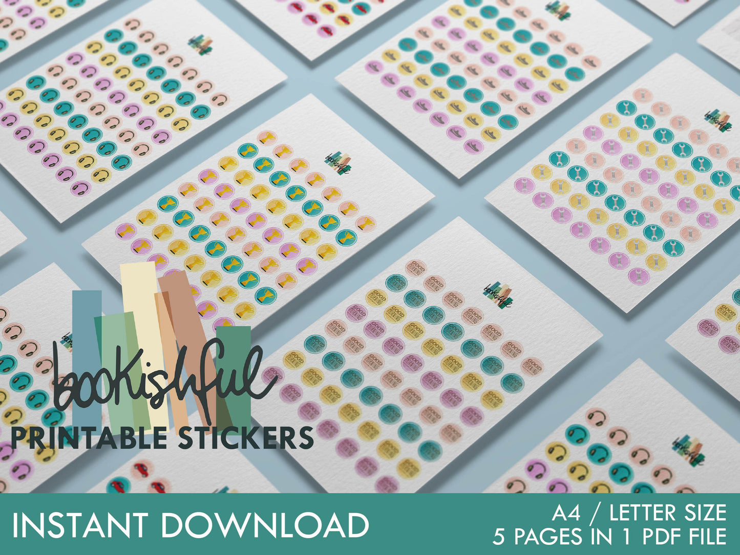 Printable Icon Sticker Bundle – 'Rise and Move' – Pastel Round Stickers PDF – 5 Pages – Planner & Journal Dots – Instant Download PDF