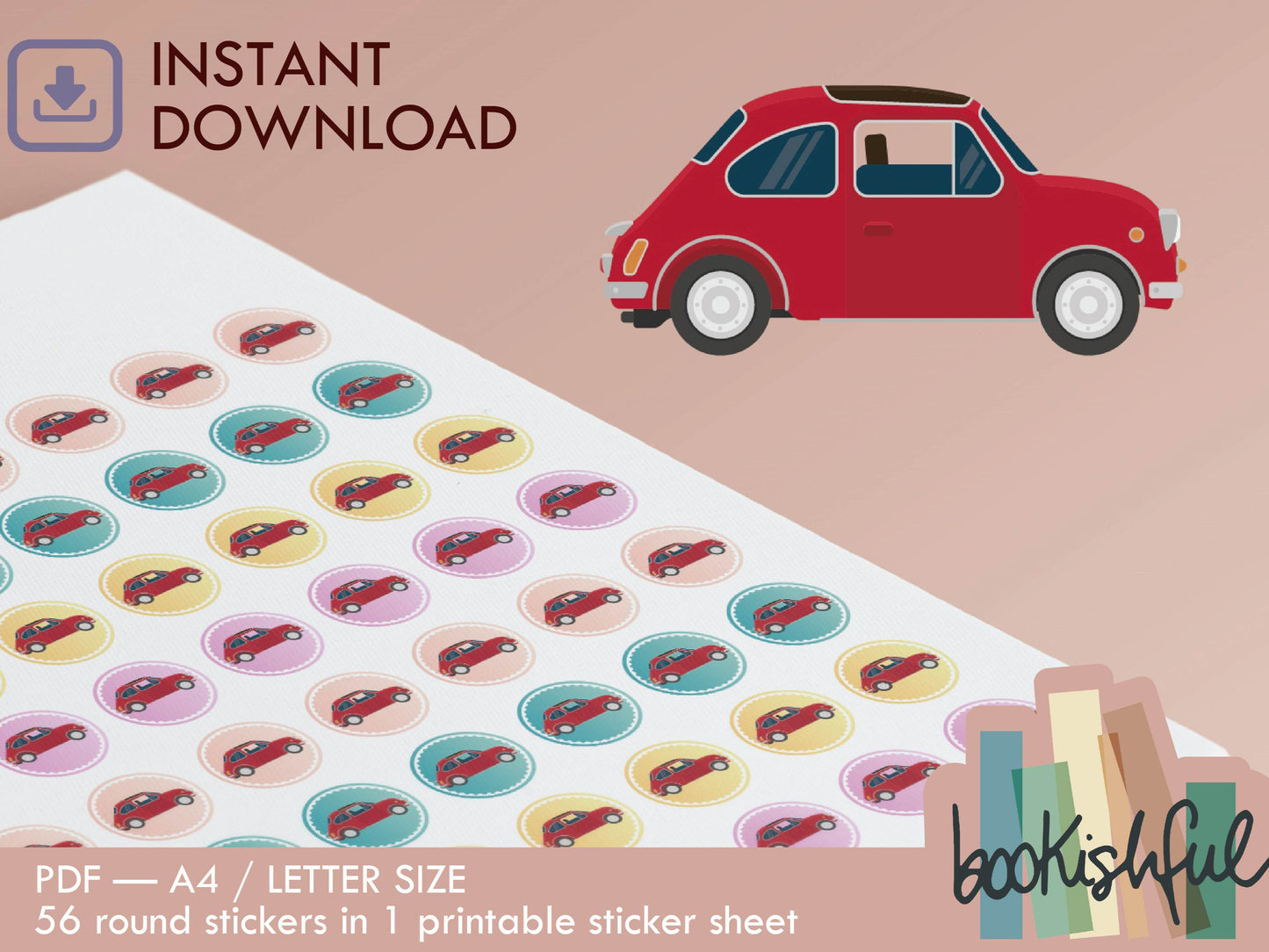 Printable Icon Stickers – CAR – Pastel Round Planner Stickers PDF – 56 Dots per Sheet – Instant Download PDF