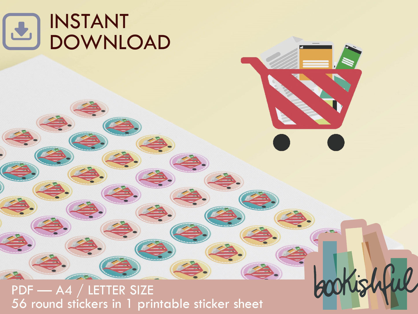 Printable Icon Stickers – Shopping Cart – Pastel Round Planner Stickers PDF – 56 Dots per Sheet – Instant Download PDF