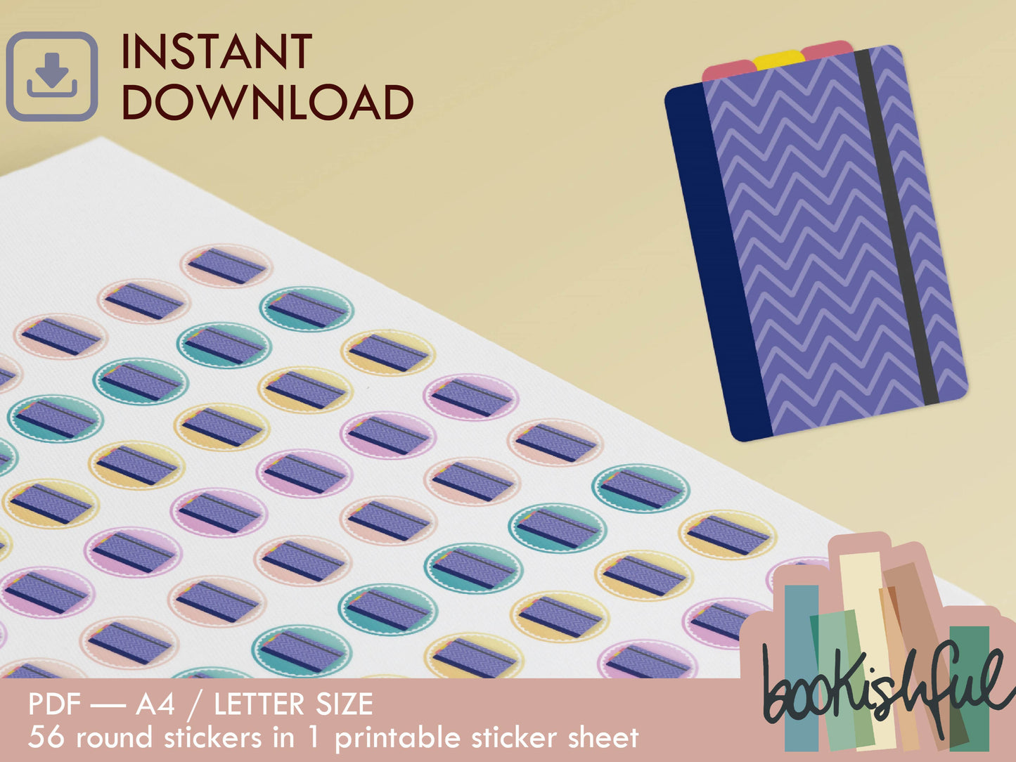 Printable Icon Stickers – Notebook / Journal / Planner – Pastel Round Planner Stickers PDF – 56 Dots per Sheet – Instant Download PDF