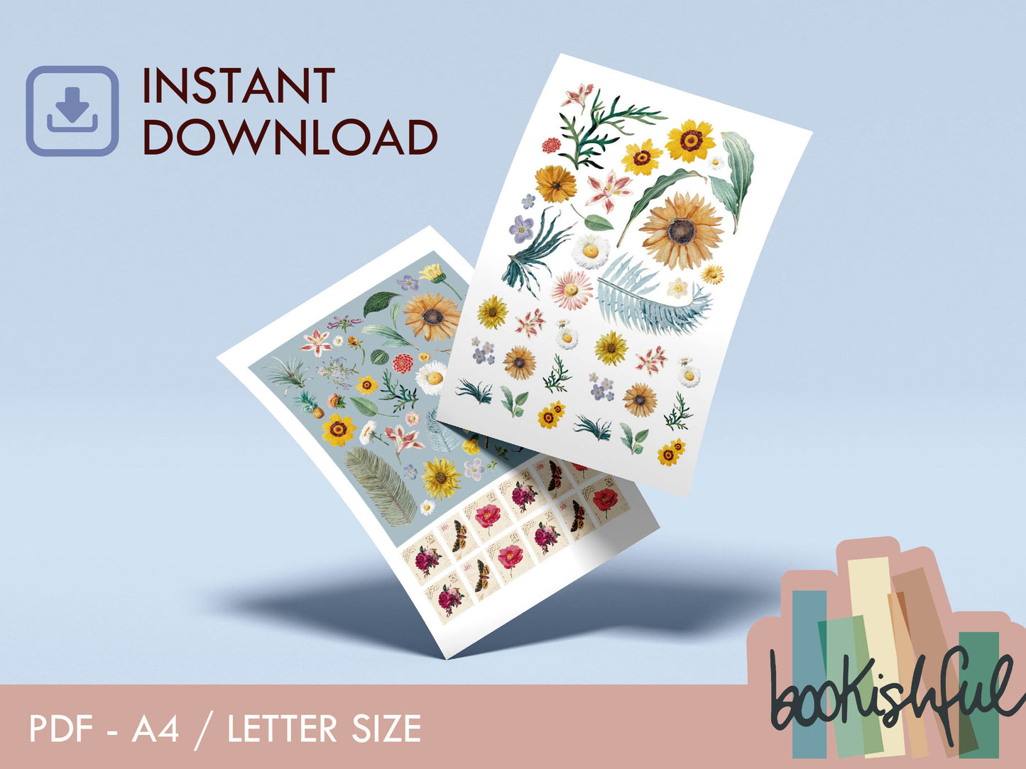 Printable Vintage Stickers – Flowers, Leaves & Postage Stamps – 2 Pages, 60 Pieces | Junk Journal PDF