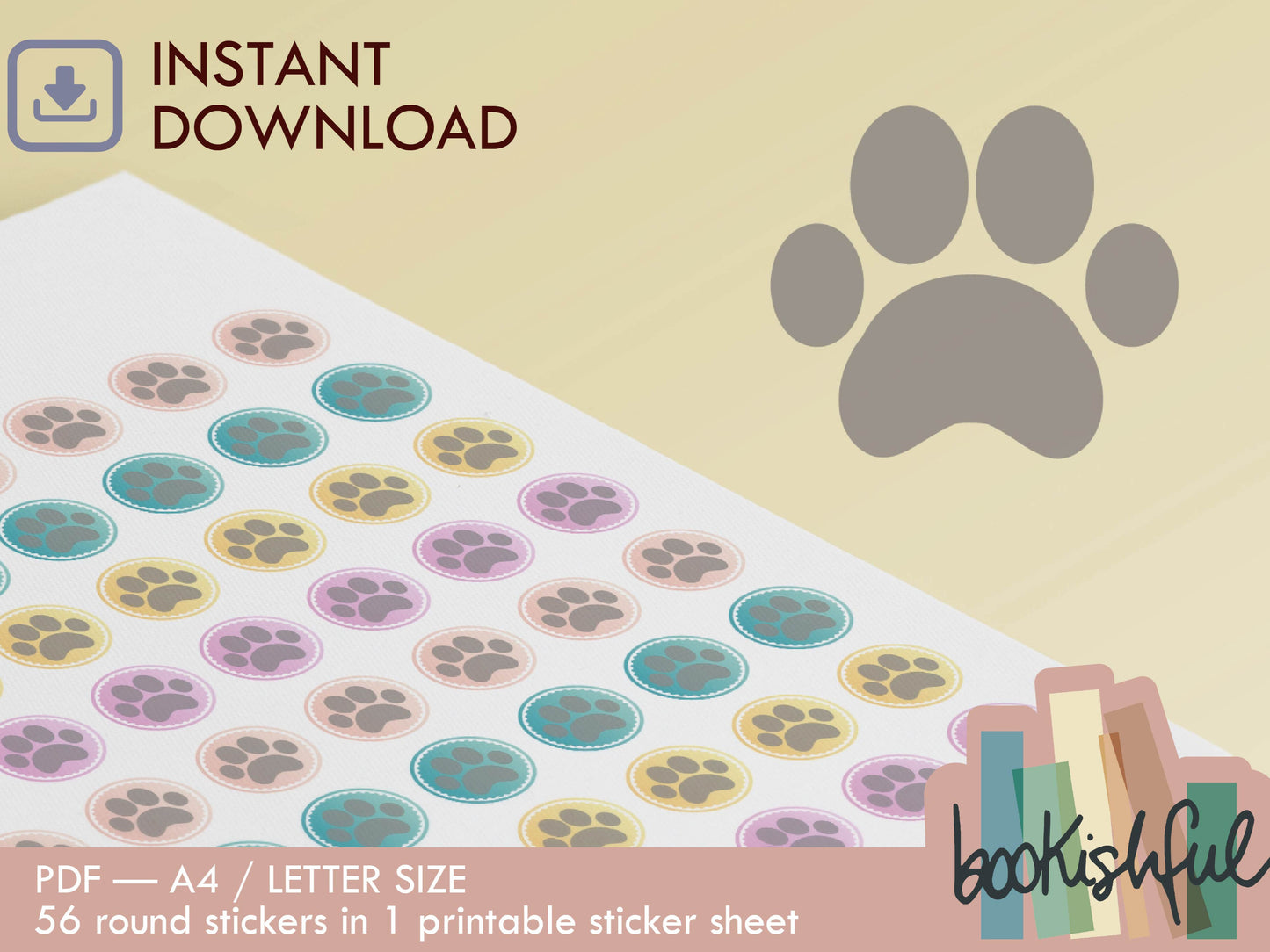 Printable Icon Stickers – Paw / Pet / Vet – Pastel Round Planner Stickers PDF – 56 Dots per Sheet – Instant Download PDF