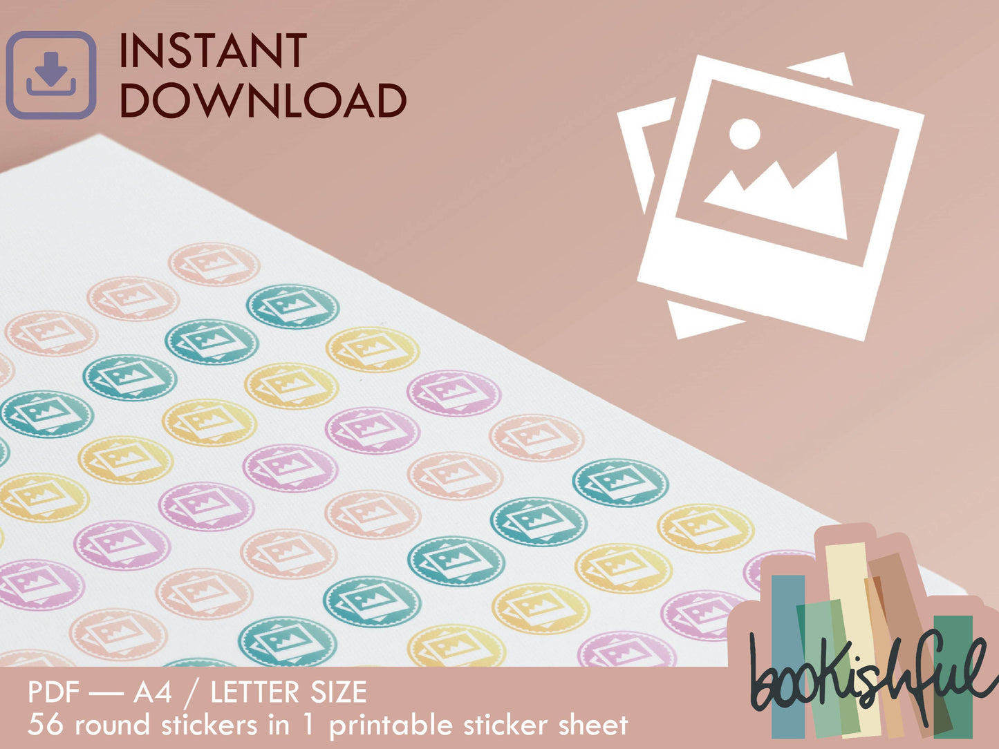 Printable Icon Stickers – Photos / Pictures / Gallery – Pastel Round Planner Stickers PDF – 56 Dots per Sheet – Instant Download PDF