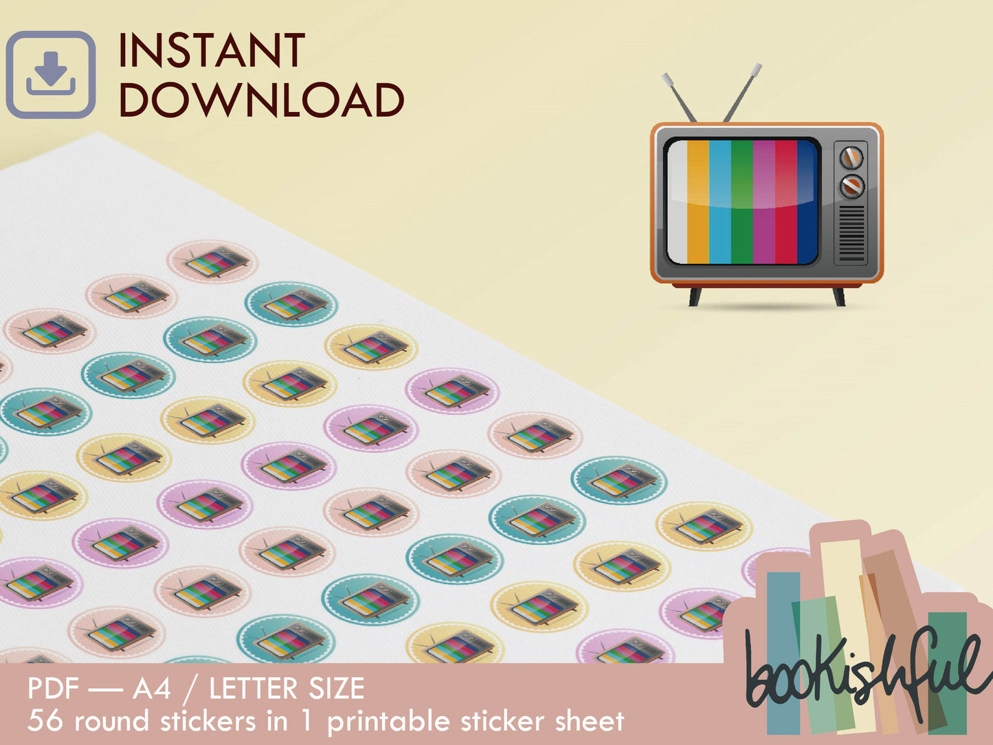 Printable Icon Stickers – TV / Television / Home Cinema – Pastel Round Planner Stickers PDF – 56 Dots per Sheet – Instant Download PDF