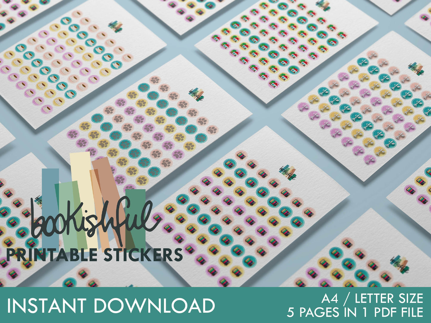 Printable Icon Sticker Bundle – 'Home Sweet Home' – Pastel Round Stickers PDF – 5 Pages – Planner & Journal Dots – Instant Download PDF