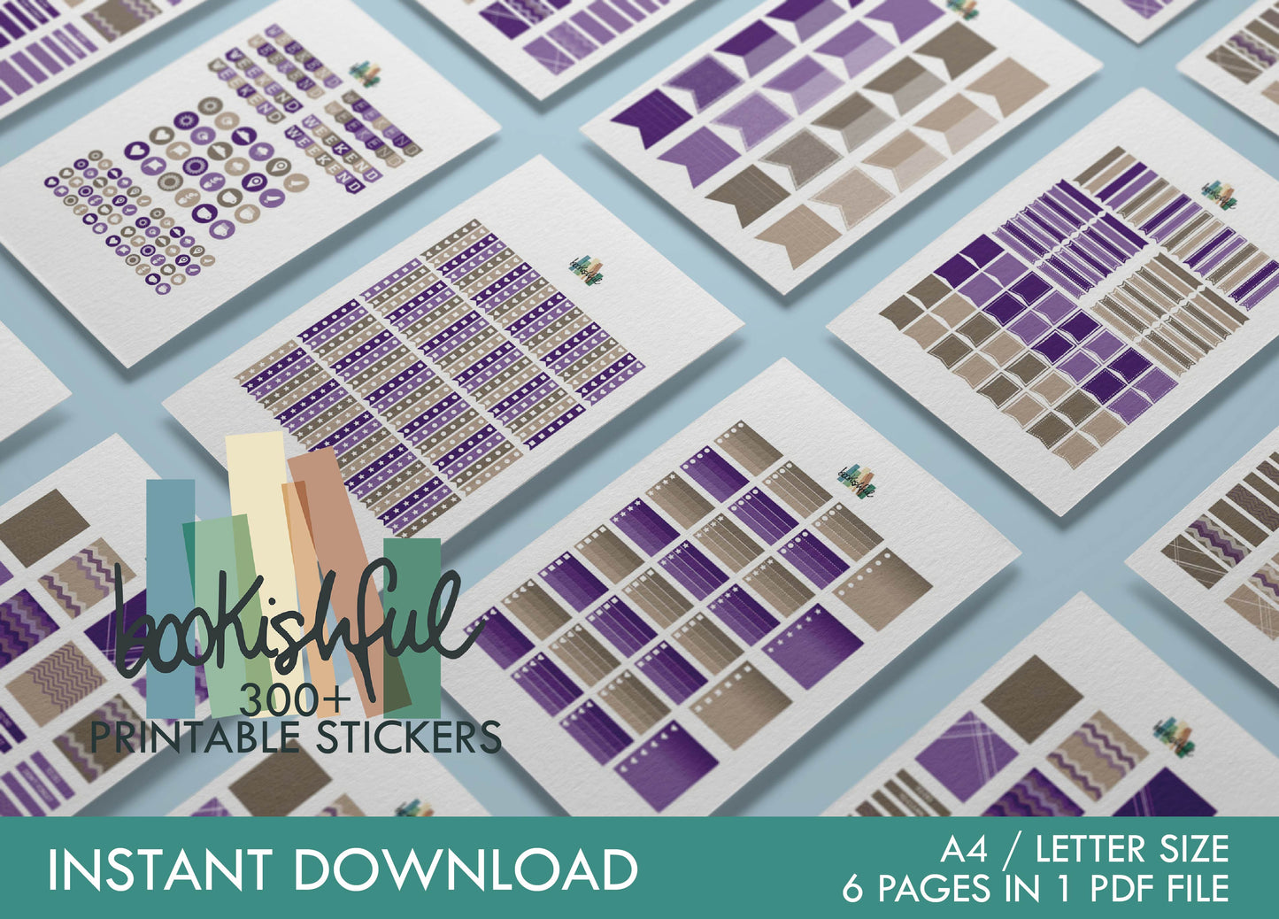 Printable Planner Sticker Kit – 300+ Beige and Purple Stickers for Journaling, Planners & Scrapbooking – 6 Pages PDF Instant Download