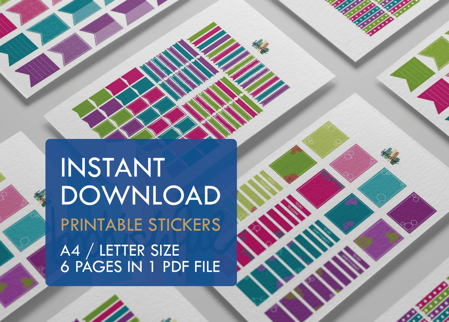 Printable Planner Sticker Kit – 300+ Bright Colors Stickers for Journaling, Planners & Scrapbooking – 6 Pages PDF Instant Download