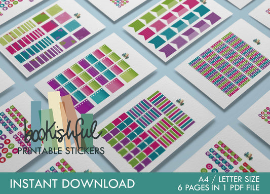 Printable Planner Sticker Kit – 300+ Bright Colors Stickers for Journaling, Planners & Scrapbooking – 6 Pages PDF Instant Download