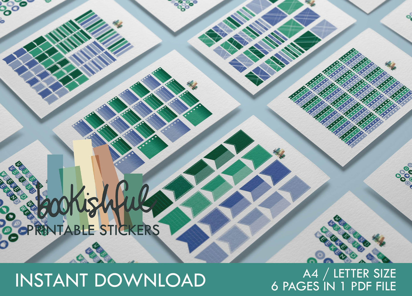 Printable Planner Sticker Kit – 300+ Green and Blue Stickers for Journaling, Planners & Scrapbooking – 6 Pages PDF Instant Download