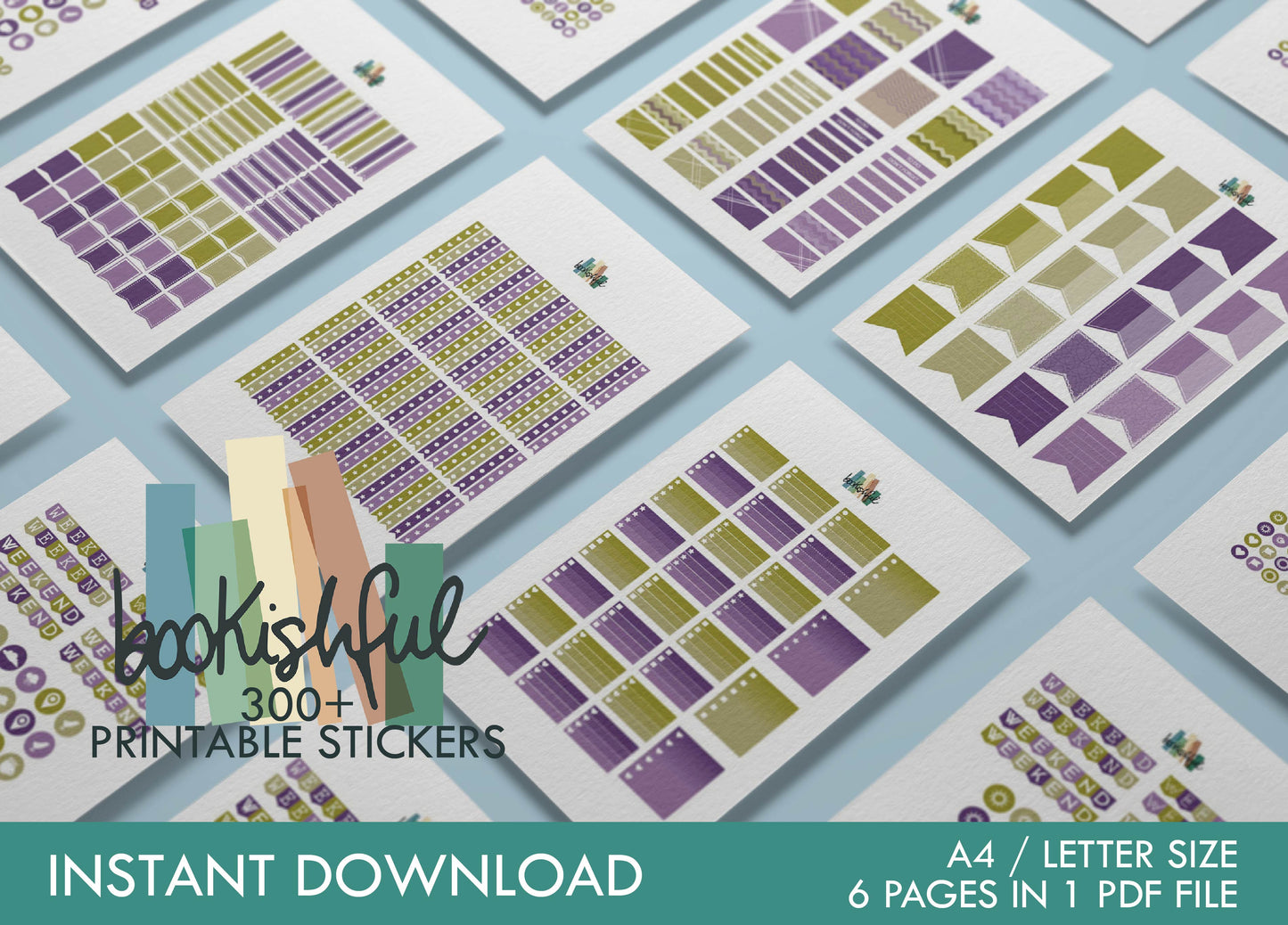 Printable Planner Sticker Kit – 300+ Green and Purple Stickers for Journaling, Planners & Scrapbooking – 6 Pages PDF Instant Download