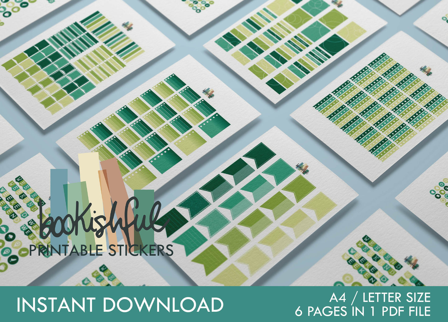 Printable Planner Sticker Kit – 300+ Shades of Green Stickers for Journaling, Planners & Scrapbooking – 6 Pages PDF Instant Download